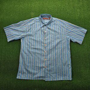Tori Richard Hawaiian Shirt Mens Large Blue Geometric Short‎ Sleeve Aloha Beach